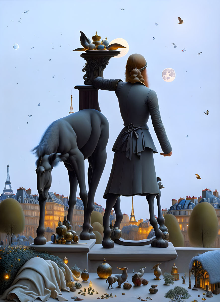 Illustration of girl and horse in moonlit Paris with Eiffel Tower