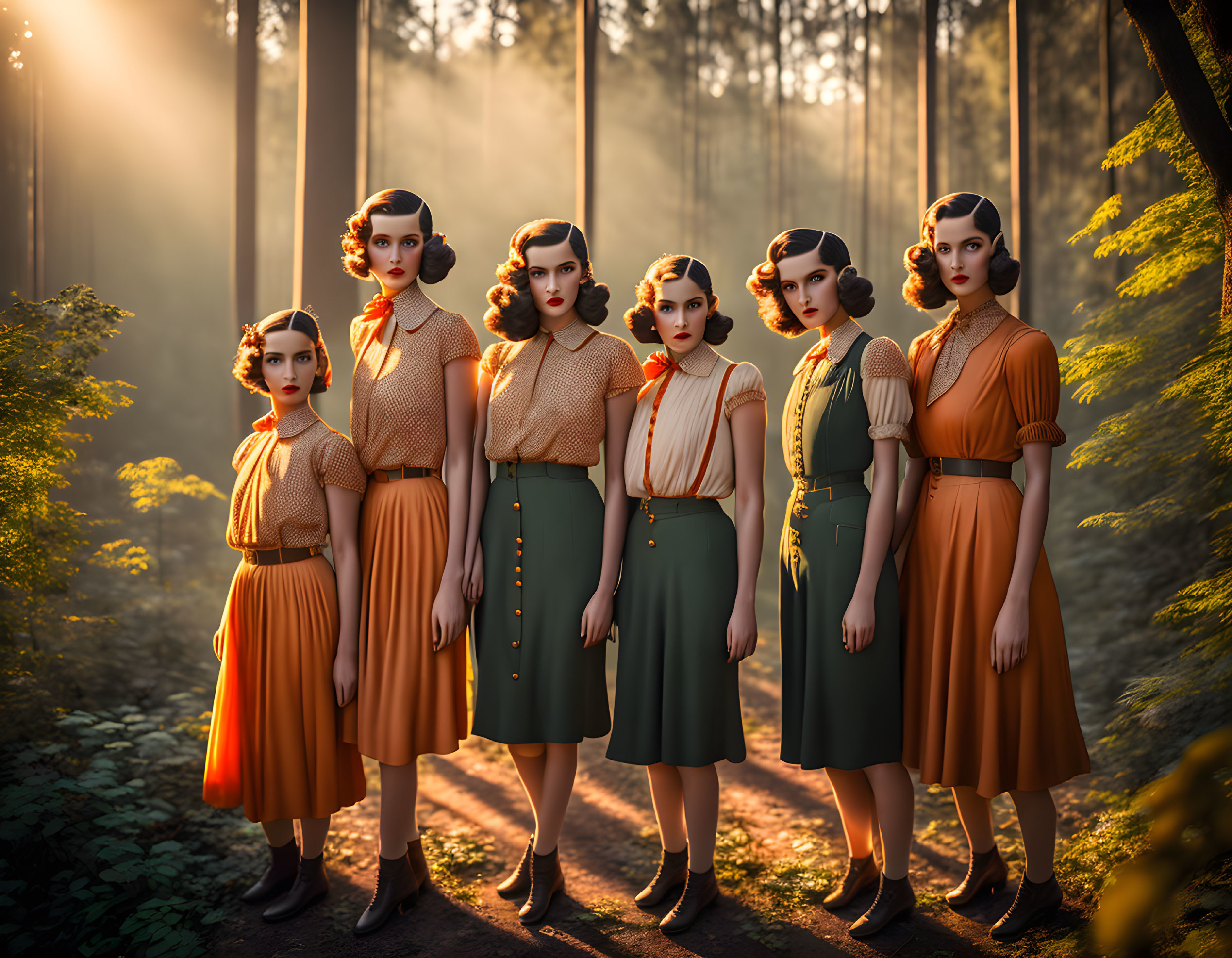 Six women in vintage clothing in forest with sunlight filtering through trees