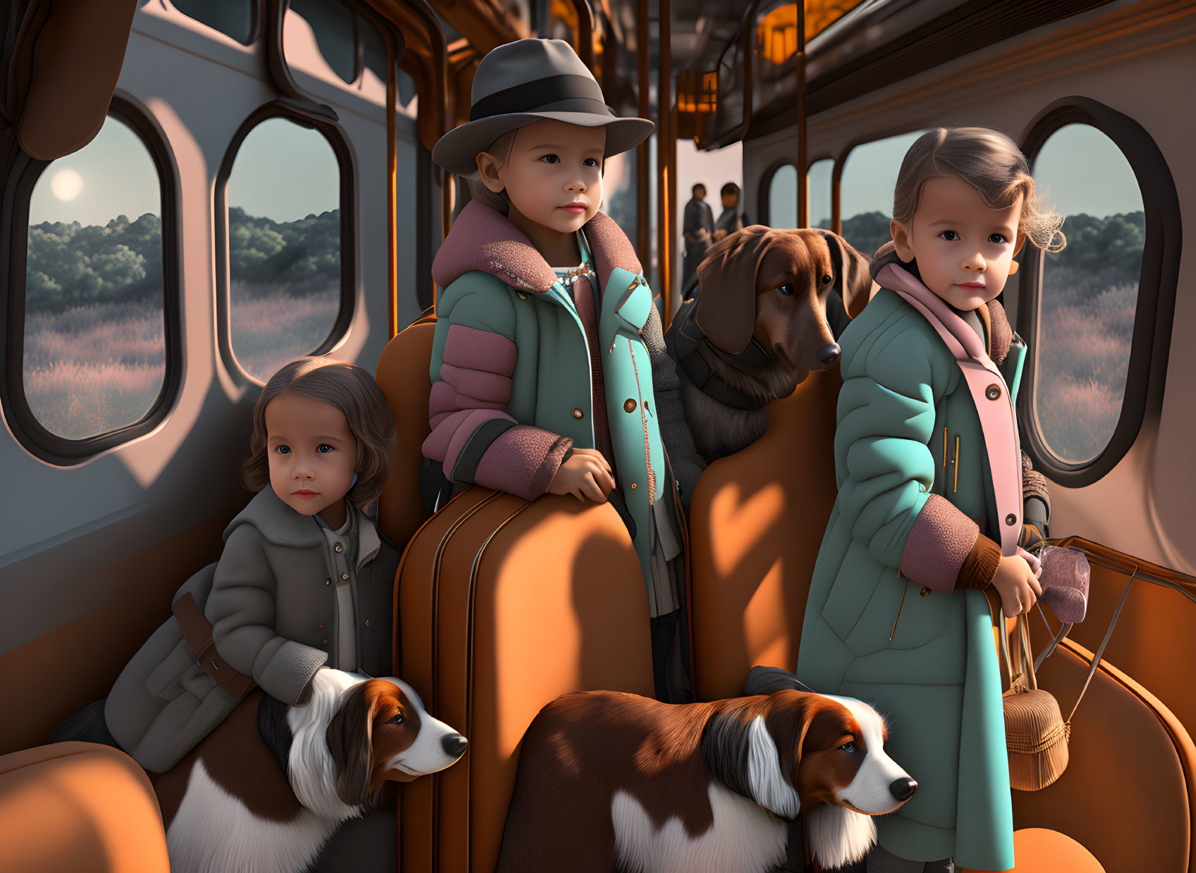 Animated children and dogs in train carriage with streaming light.