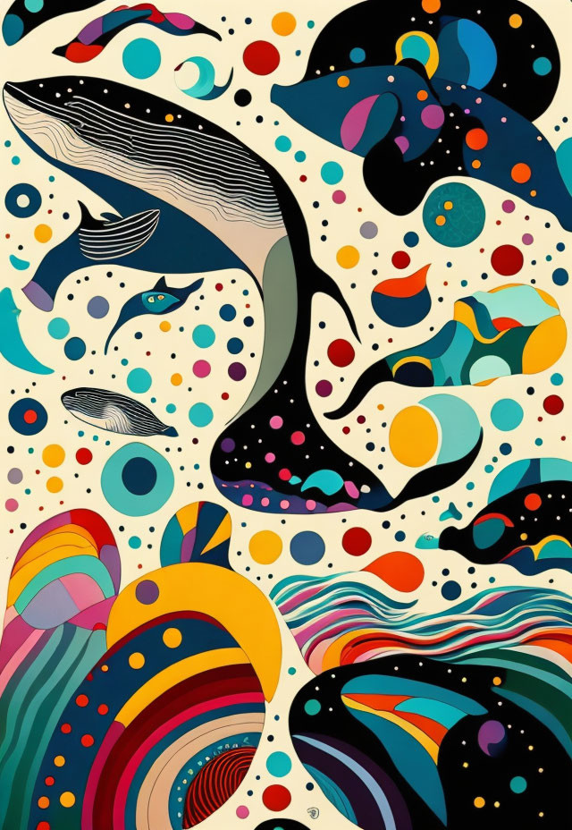 Colorful Abstract Artwork: Stylized Whale in Underwater Seascape