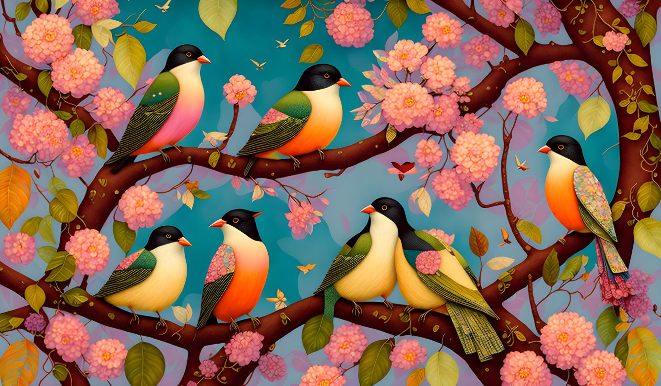 Colorful Birds and Pink Flowers on Tree Branches in Teal Background