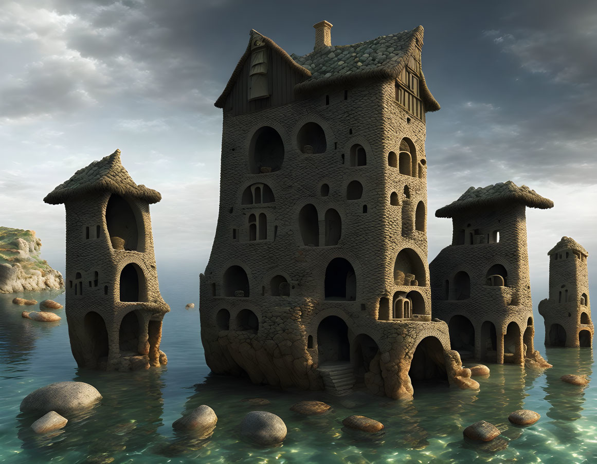 Fantasy stone towers with cone-shaped roofs in a calm sea landscape