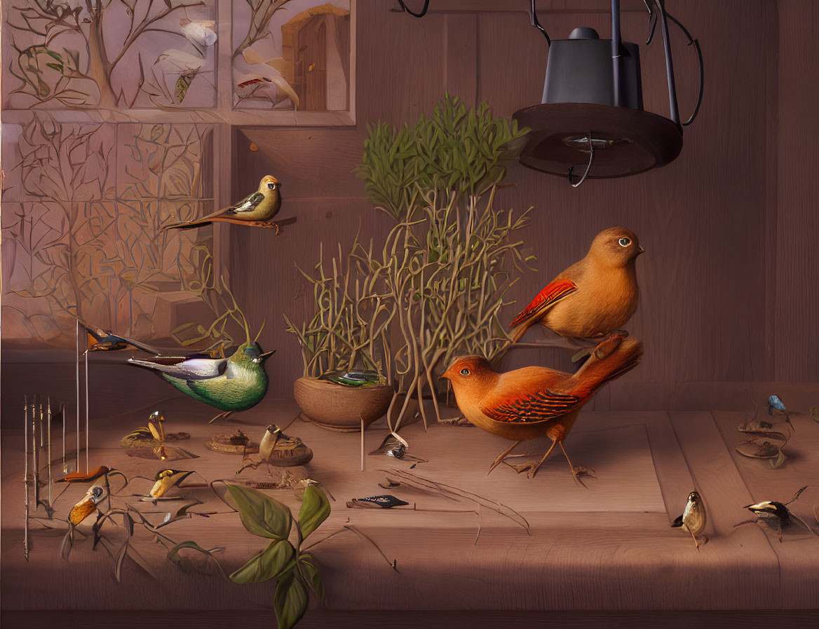 Illustration of stylized birds in a whimsical room with earthy tones