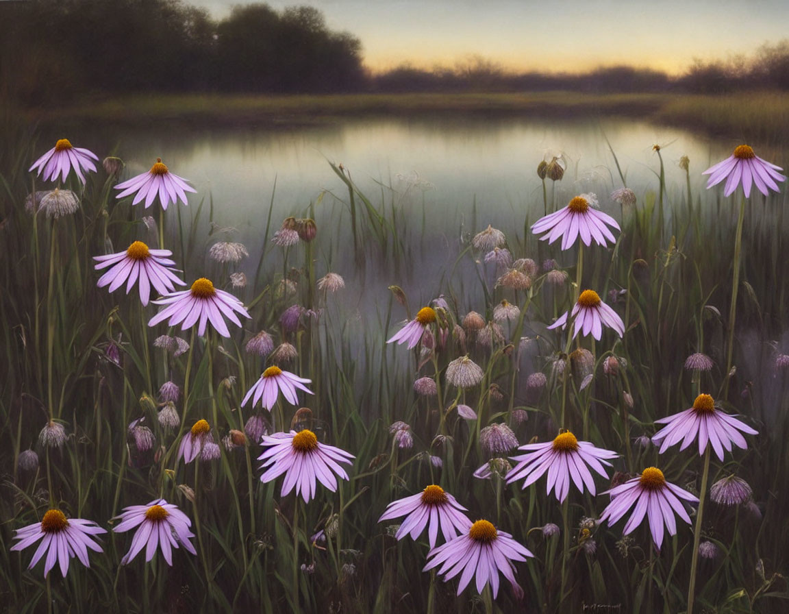 Tranquil twilight scene with purple coneflowers and misty lake