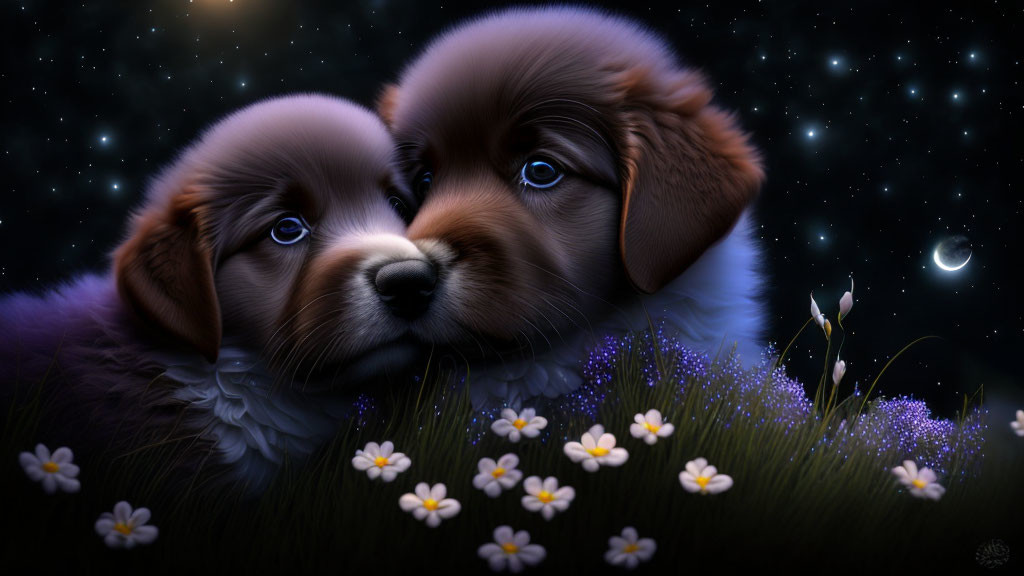 Two puppies cuddle under starlit sky with crescent moon, amidst blooming flowers.