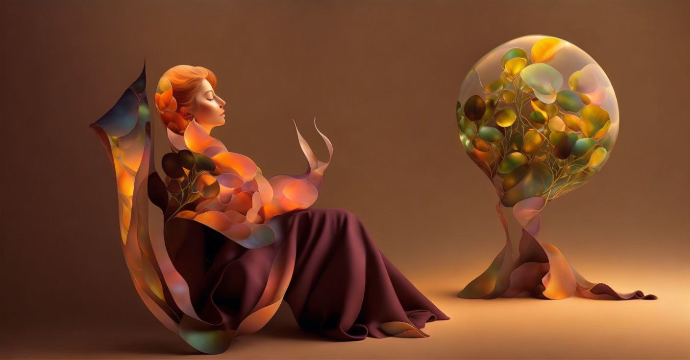 Illustration: Woman with Orange Hair by Glowing Orb on Brown Background