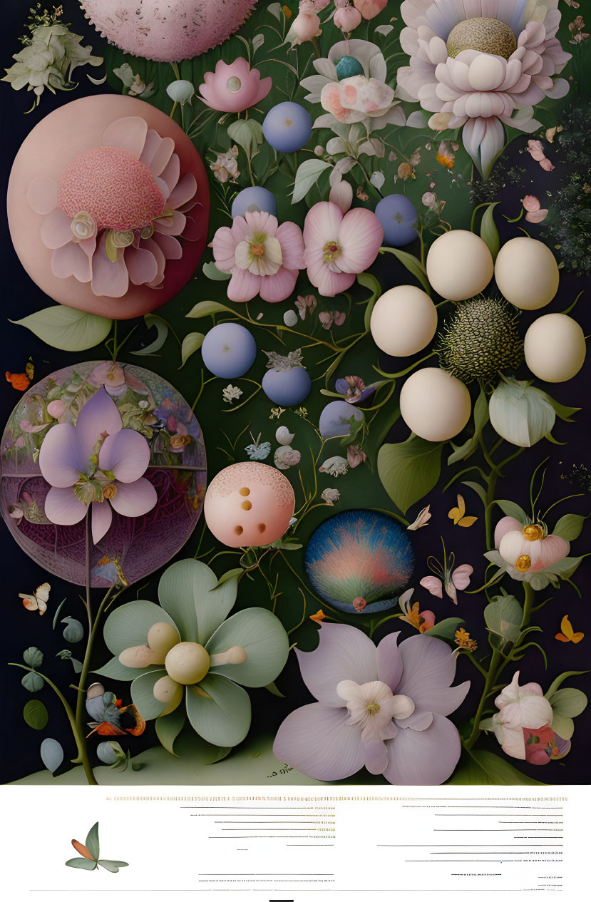 Ornate flowers and spheres with butterflies on dark background
