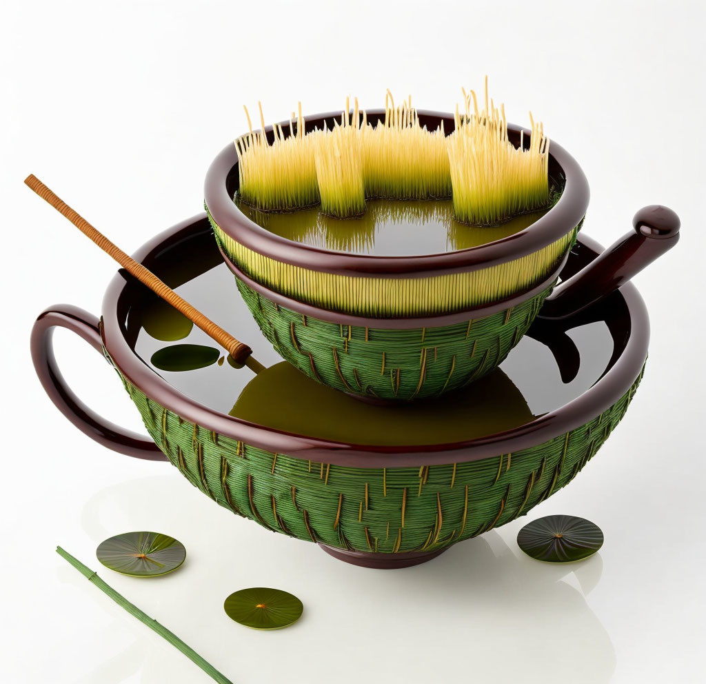 Digital artwork: Brown weaved basket blended with noodle soup, chopsticks, and green leaf garn