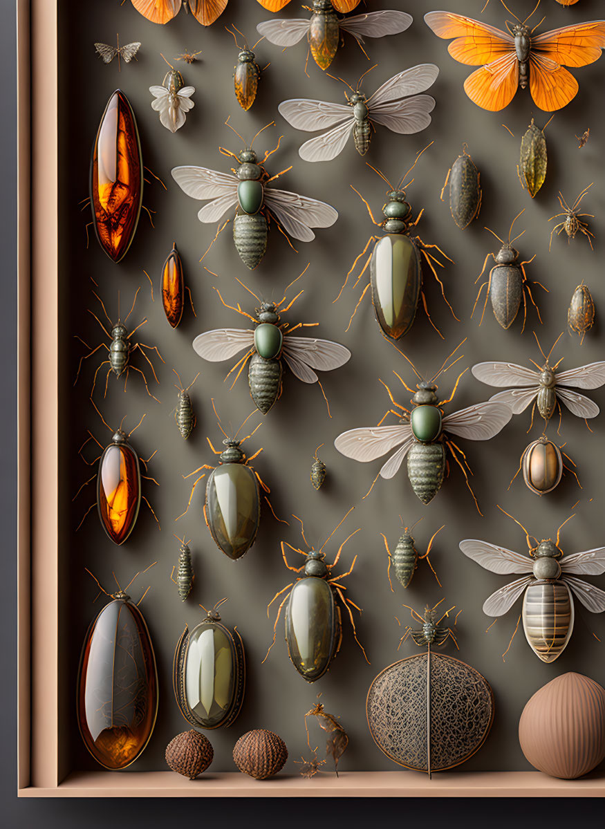 Realistic insect and beetle renderings on grey background