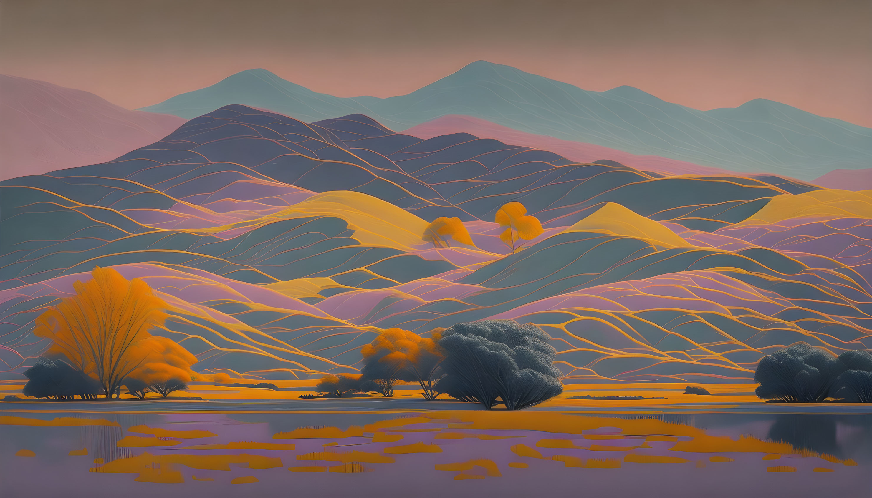 Orange and Purple Stylized Landscape with Rolling Hills and Reflective Lake
