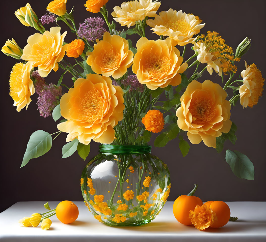 Colorful bouquet of yellow and orange flowers in clear vase with orange fruits on table