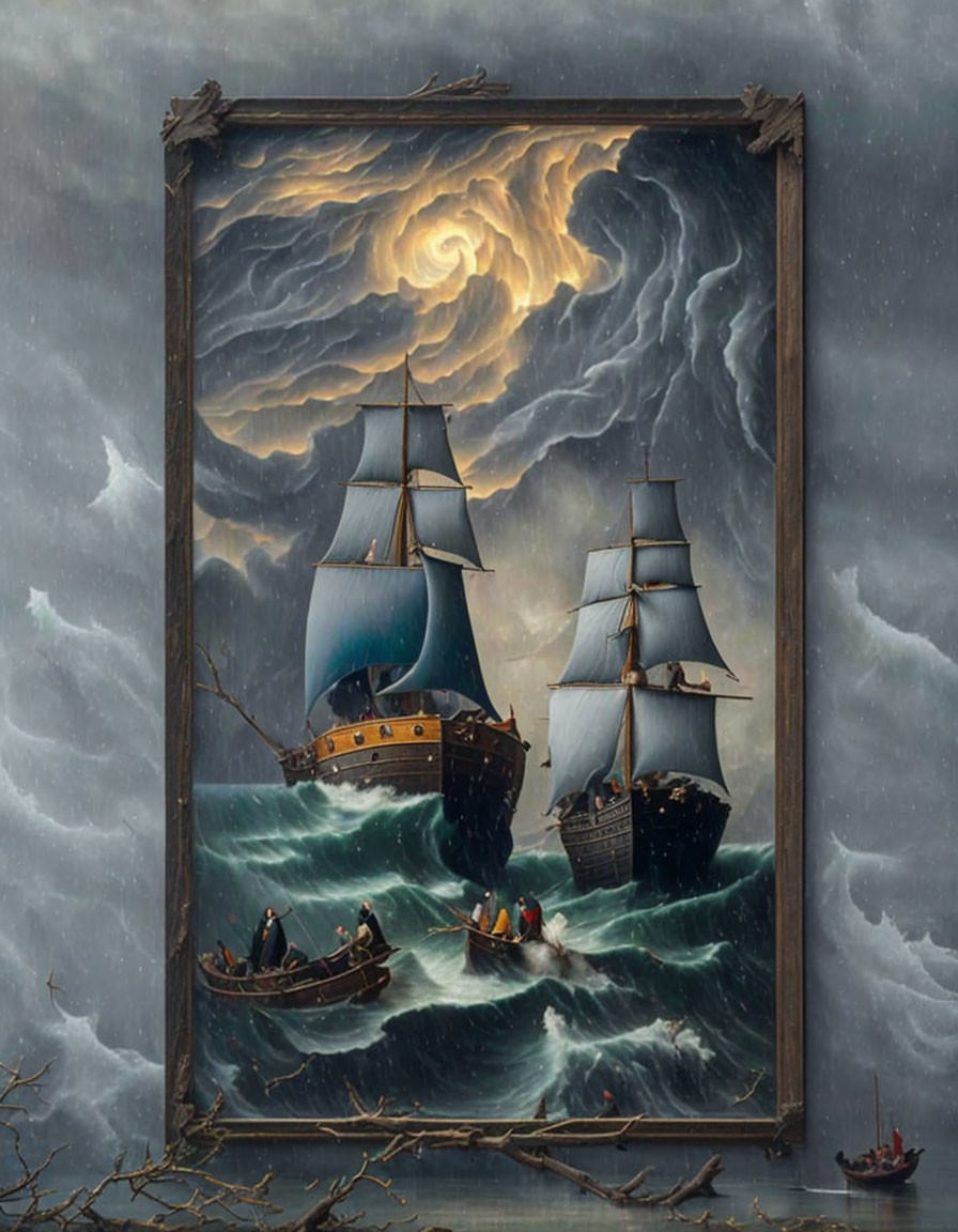 Surreal painting: Ship at sea in storm spills into real-world scene