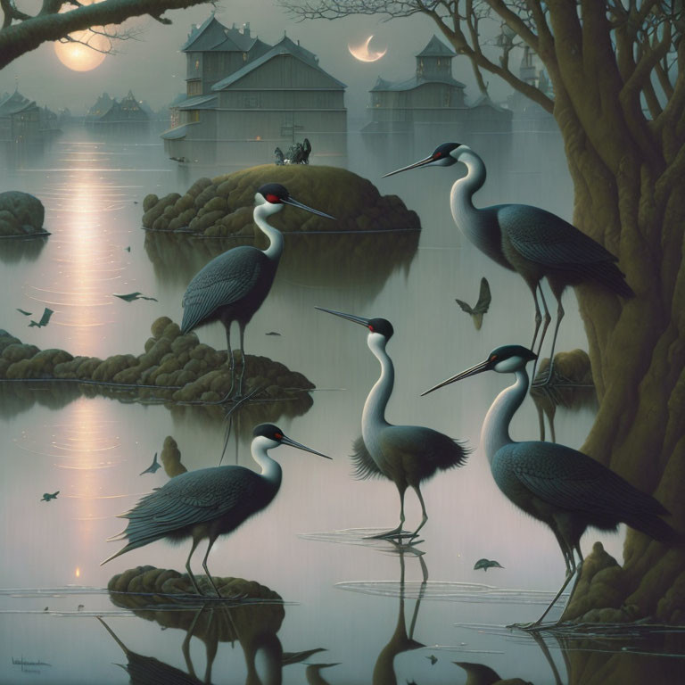 Tranquil twilight scene: cranes, traditional houses, crescent moon, reflective lake
