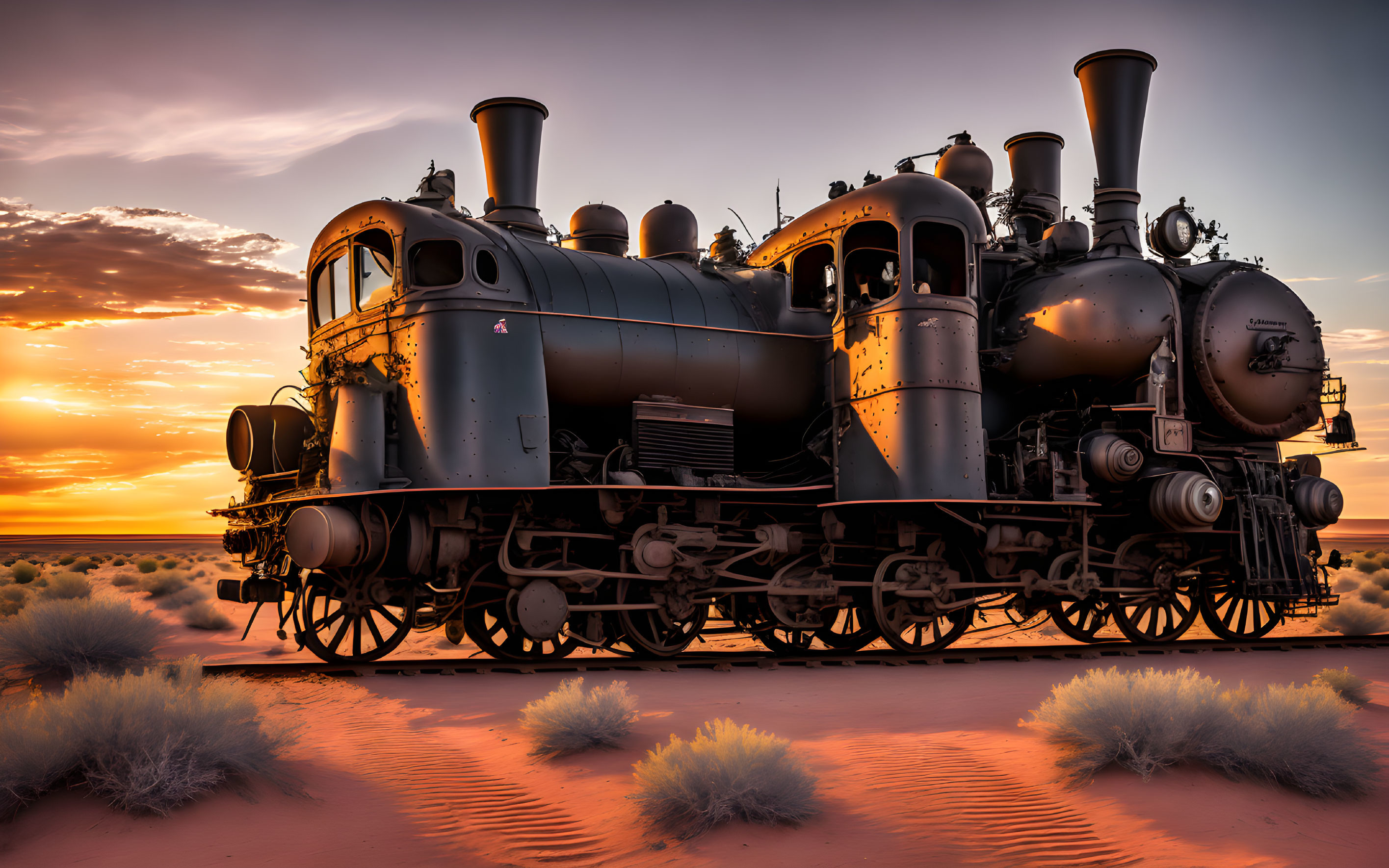 Vintage Steam Locomotive in Desert Sunset with Vibrant Orange Sky