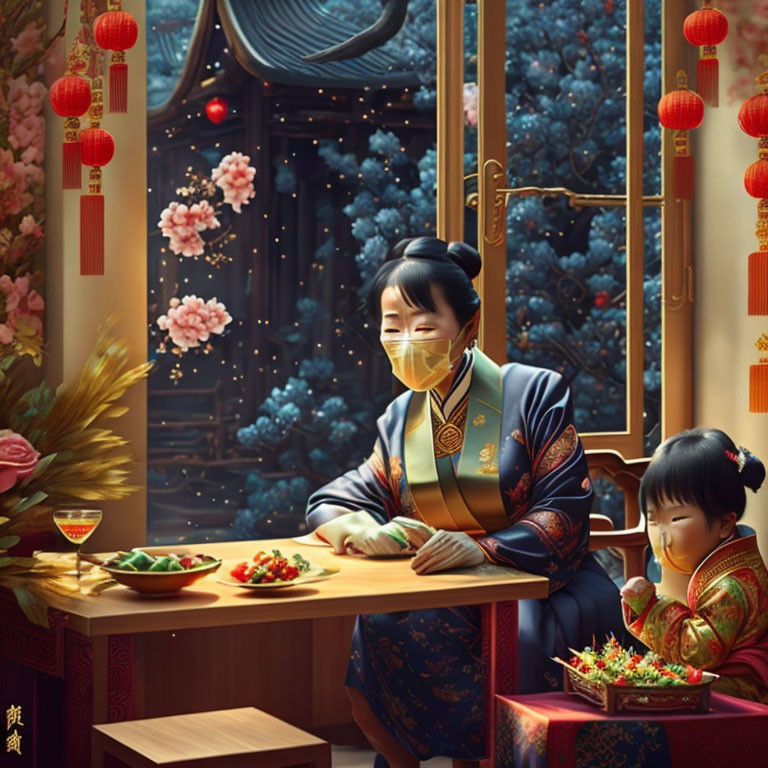 Traditional indoor dining scene with woman and child near open window and red lanterns, overlooking night scene with