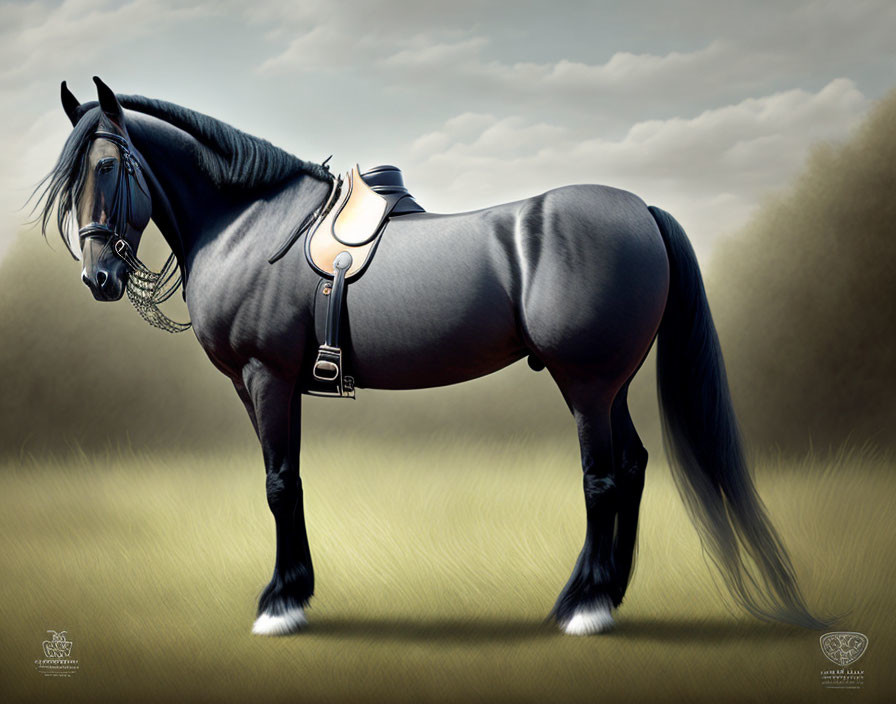 Majestic black horse with saddle and bridle on blurred background