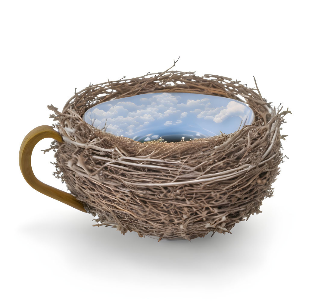 Conceptual image: Bird's nest-shaped coffee mug with reflective liquid mirroring cloudy sky