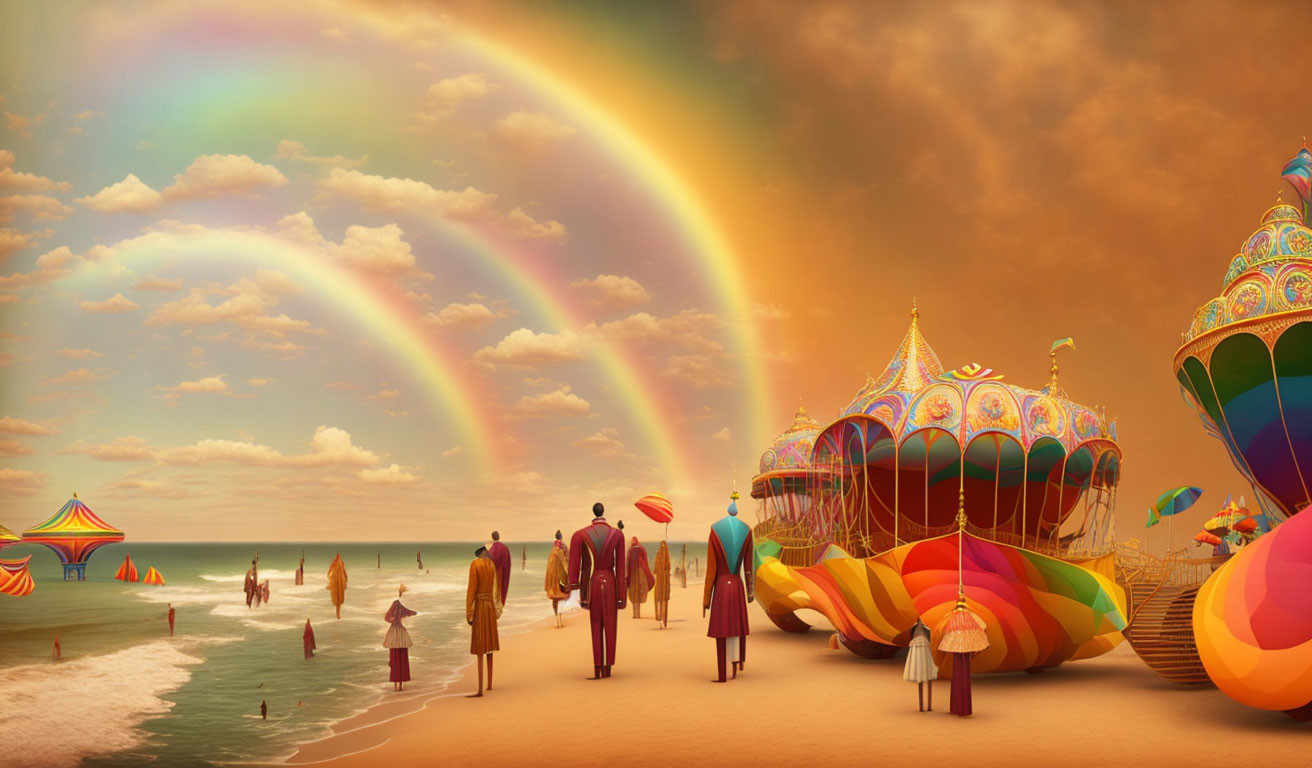 Vibrant vintage beach scene with hot air balloons, tents, and double rainbow