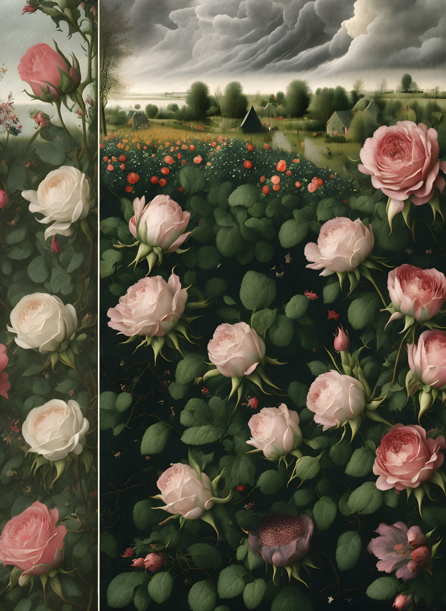 Detailed painting of lush rose garden against stormy rural backdrop