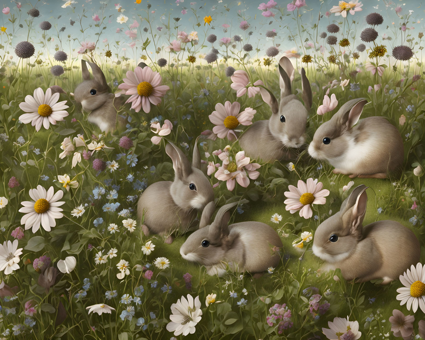 Six rabbits in wildflower field under blue sky