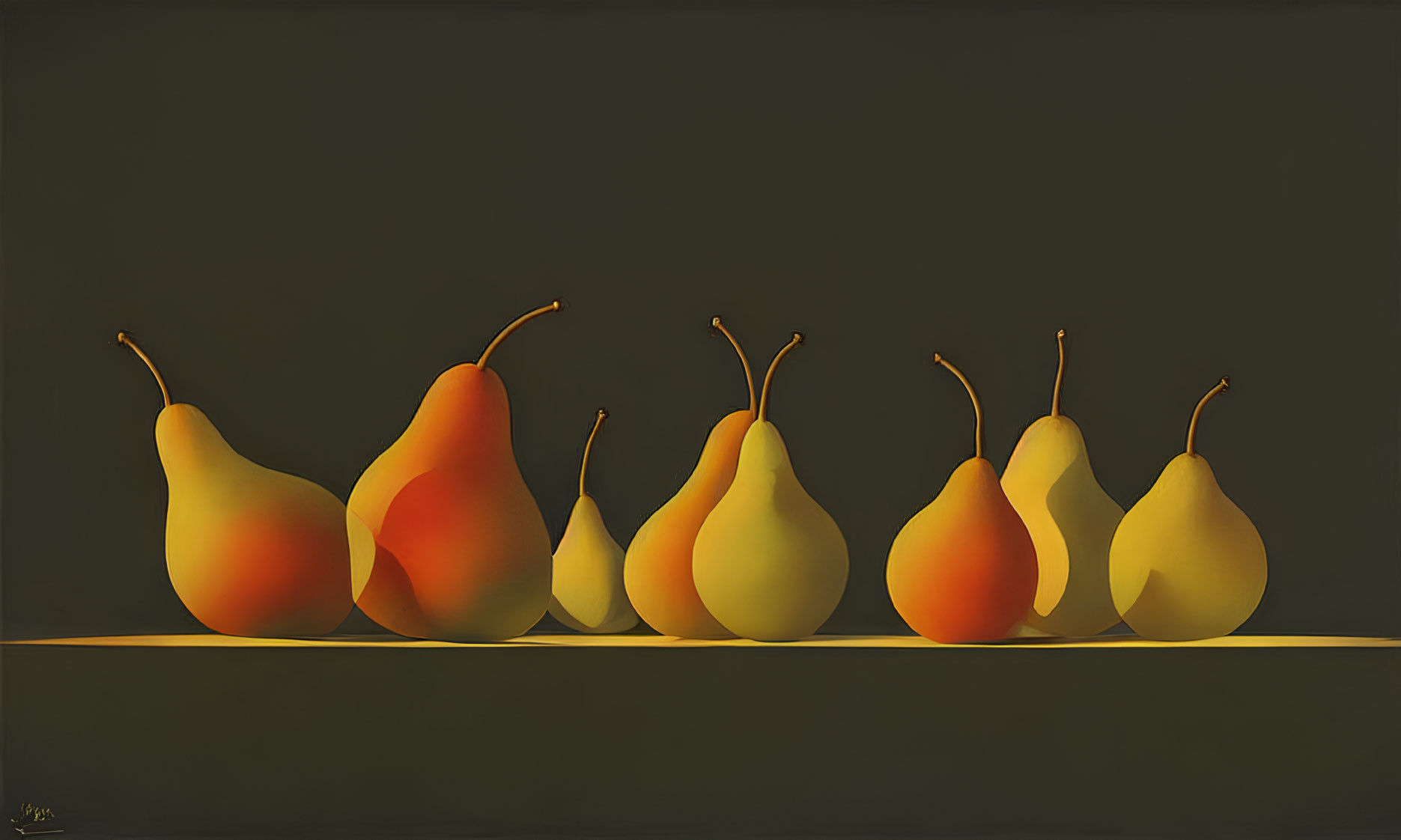 Seven gradient yellow-orange pears on flat surface against dark background