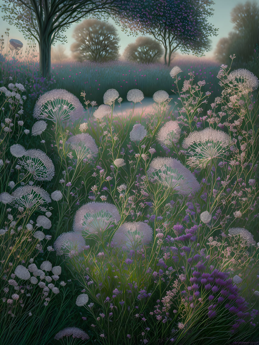 Tranquil twilight meadow with white and purple flowers