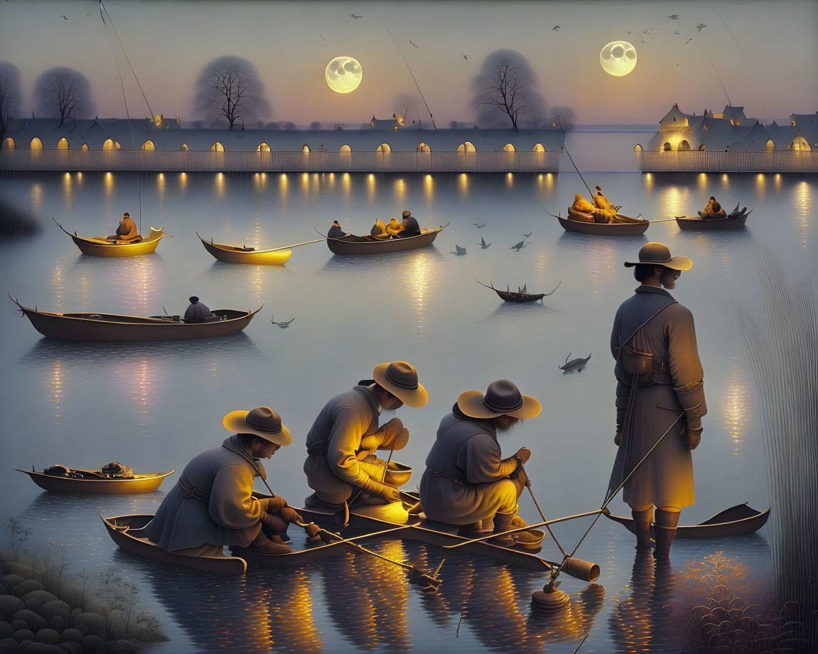 Fishing at night by the light of the moon