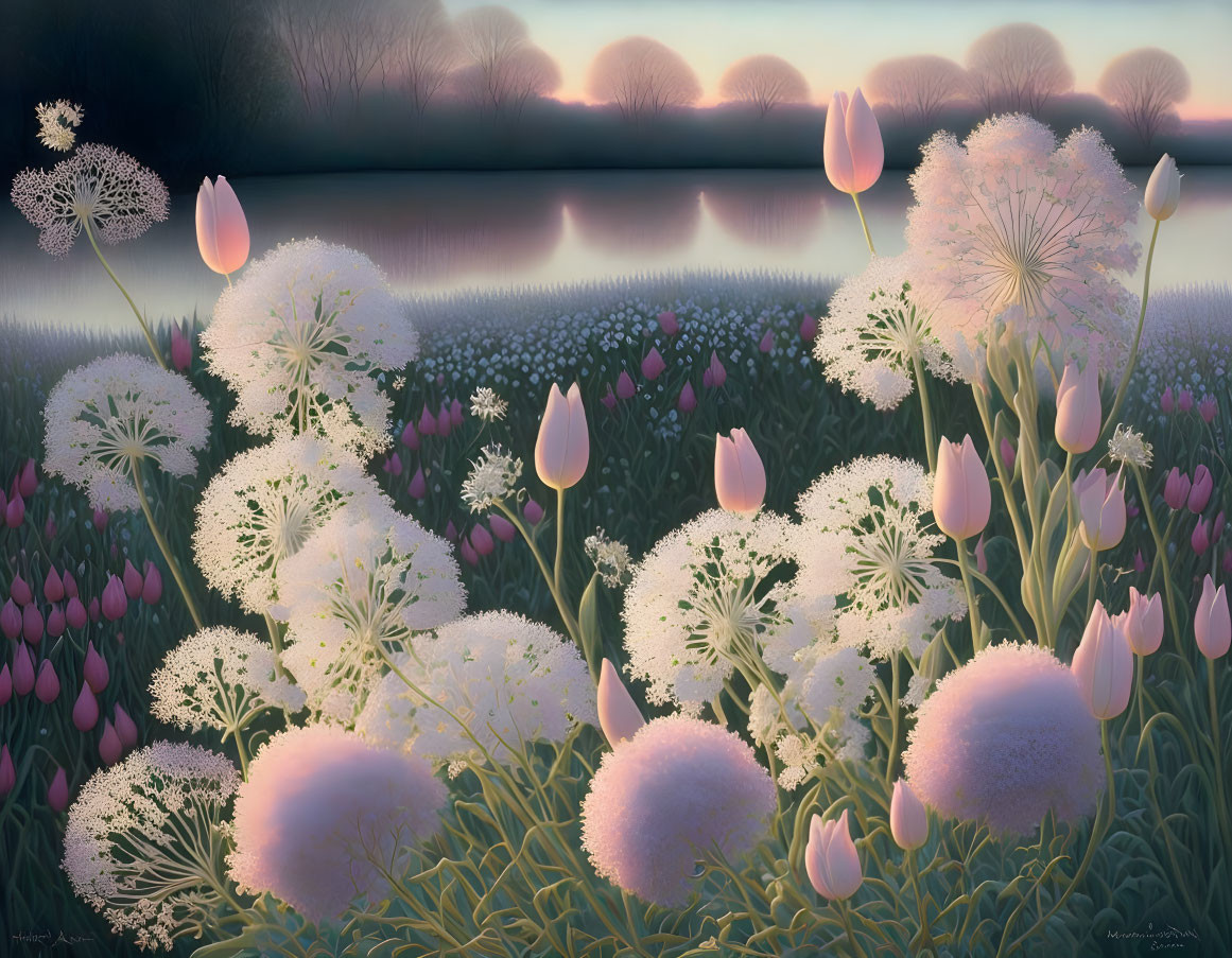 Tranquil landscape with pink tulips, dandelions, river, and pink sky
