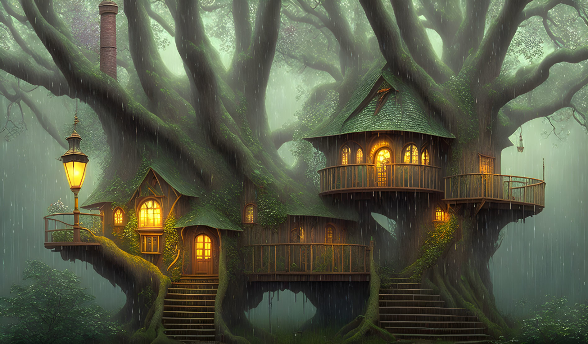 The old tree house in the pouring rain
