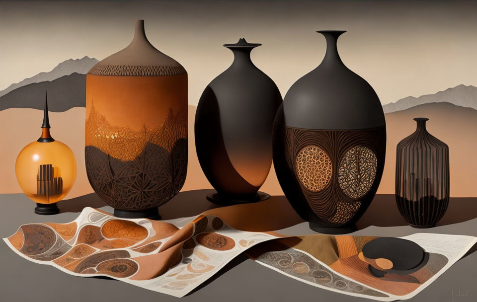 Ornate Vases, Lamp, Textiles & Mountains in Still Life