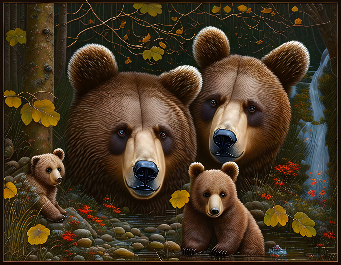 Bear Family Painting in Forest with Waterfall and Foliage