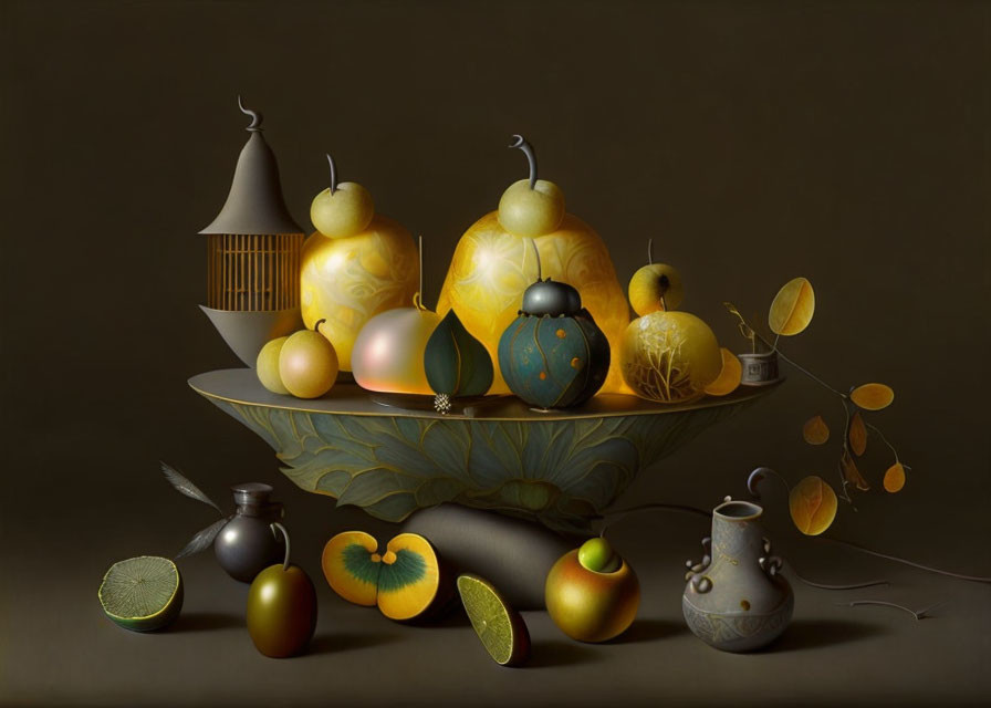 Classic Still Life Painting with Vibrant Fruits and Vessels