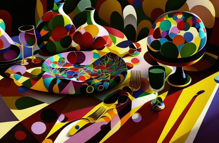Colorful Abstract Dining Setup with Spheres, Vases, Glasses, and Utensils