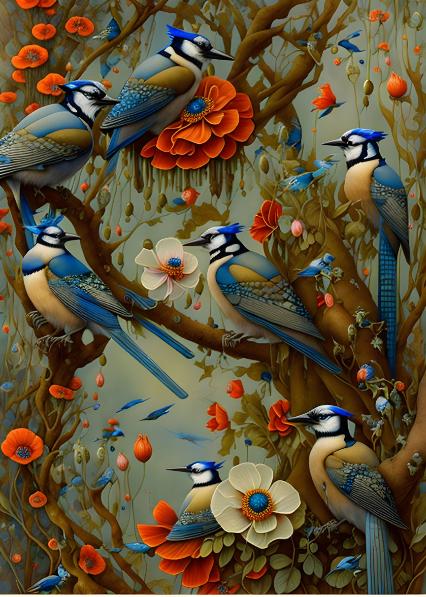 Vibrant blue jay birds on branches with orange and white flowers in leafy setting