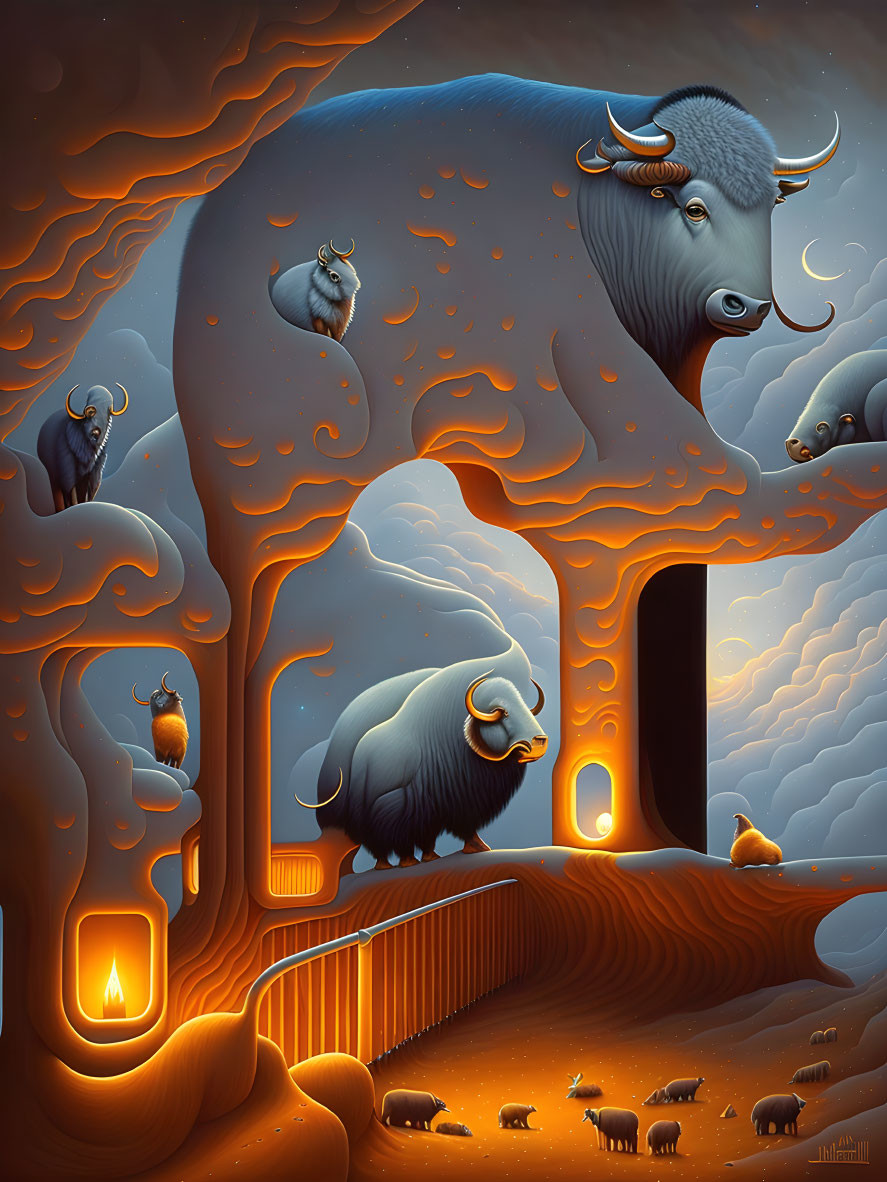 Whimsical illustration of blue bison-like creatures in orange tree landscape
