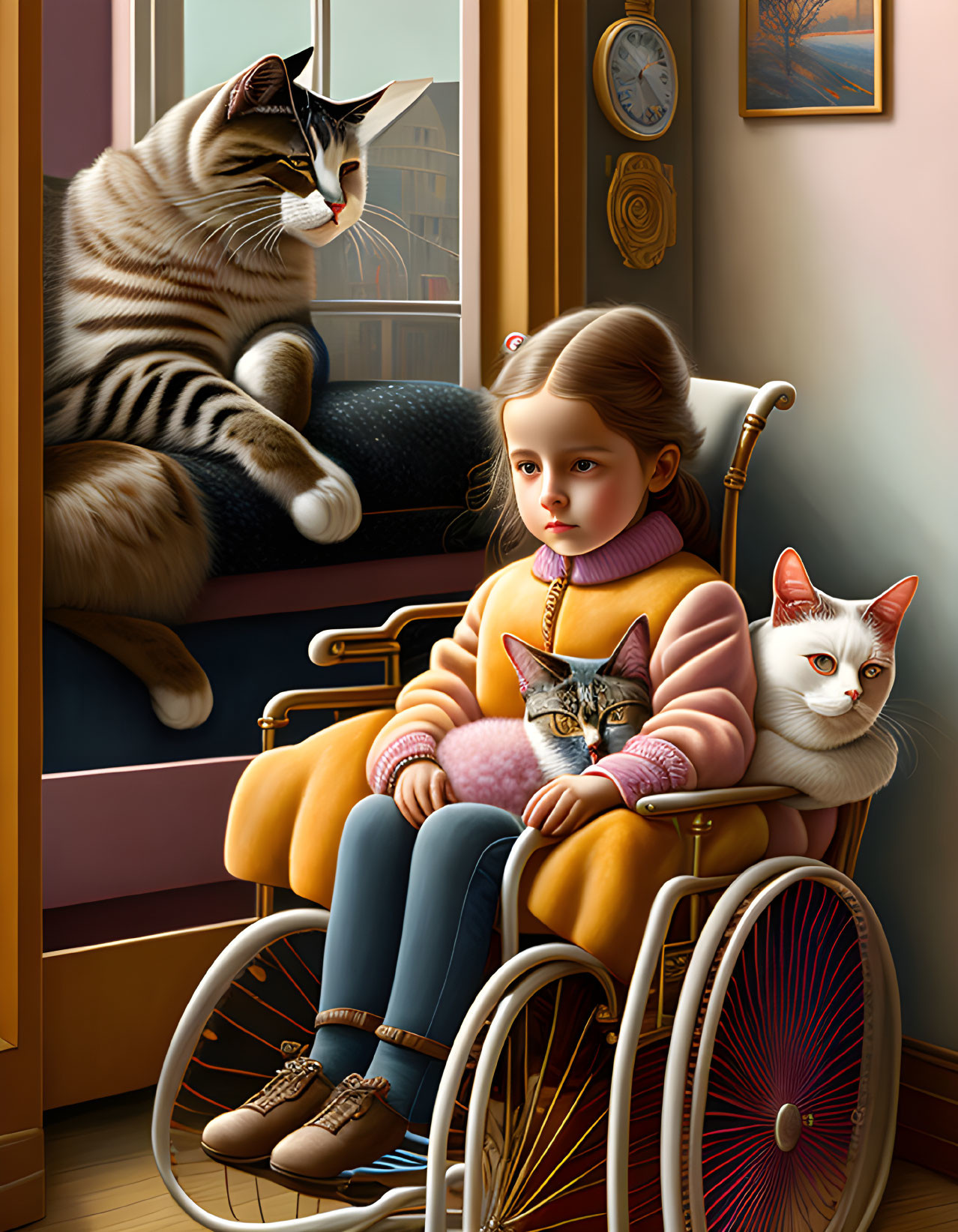 Girl in wheelchair indoors with two cats and urban backdrop