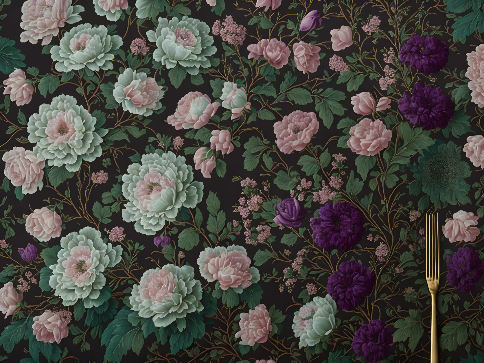 Dark Floral Wallpaper with Pink and Purple Flowers, Green Foliage, and Golden Fork