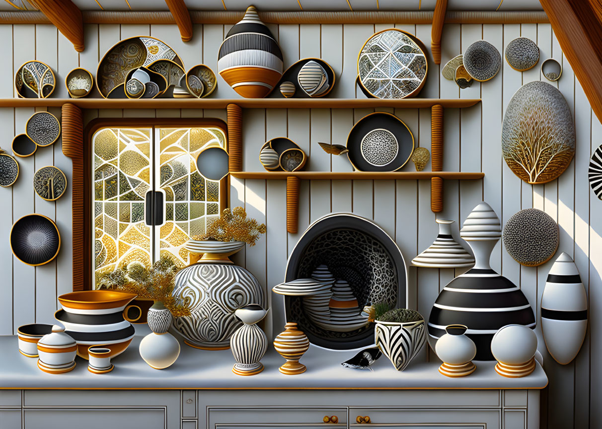 Assorted black and white patterned pottery in cozy room with ornate window