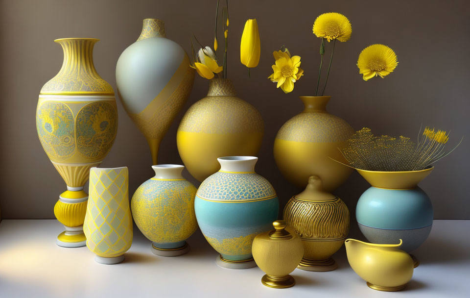 Decorative Yellow and Blue Vases with Intricate Patterns and Blooming Yellow Flowers