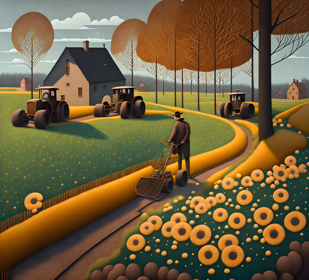 Man pushing wheelbarrow in stylized countryside scene with tractors and fields