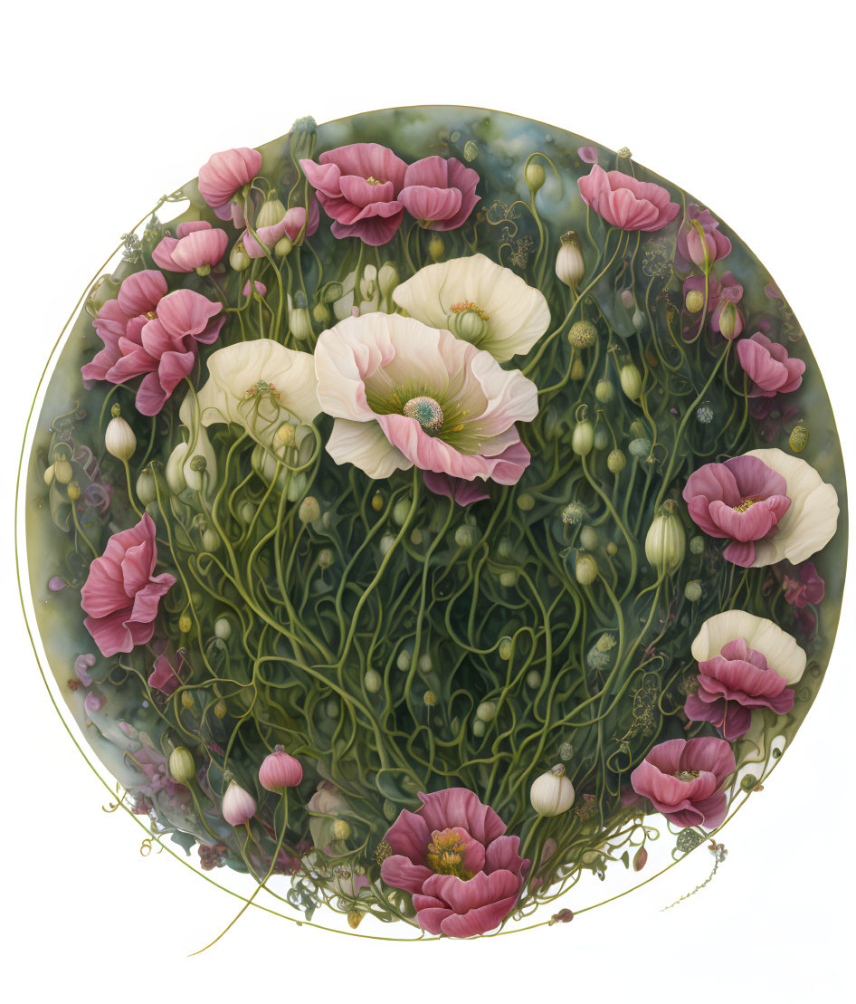 Ornate round illustration of pink and white flowers on ivory background