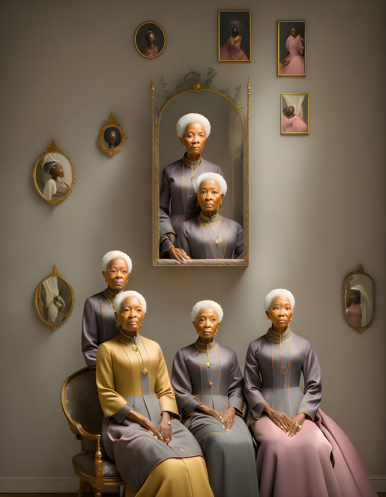 Six elderly women in vintage attire with framed portraits on beige wall