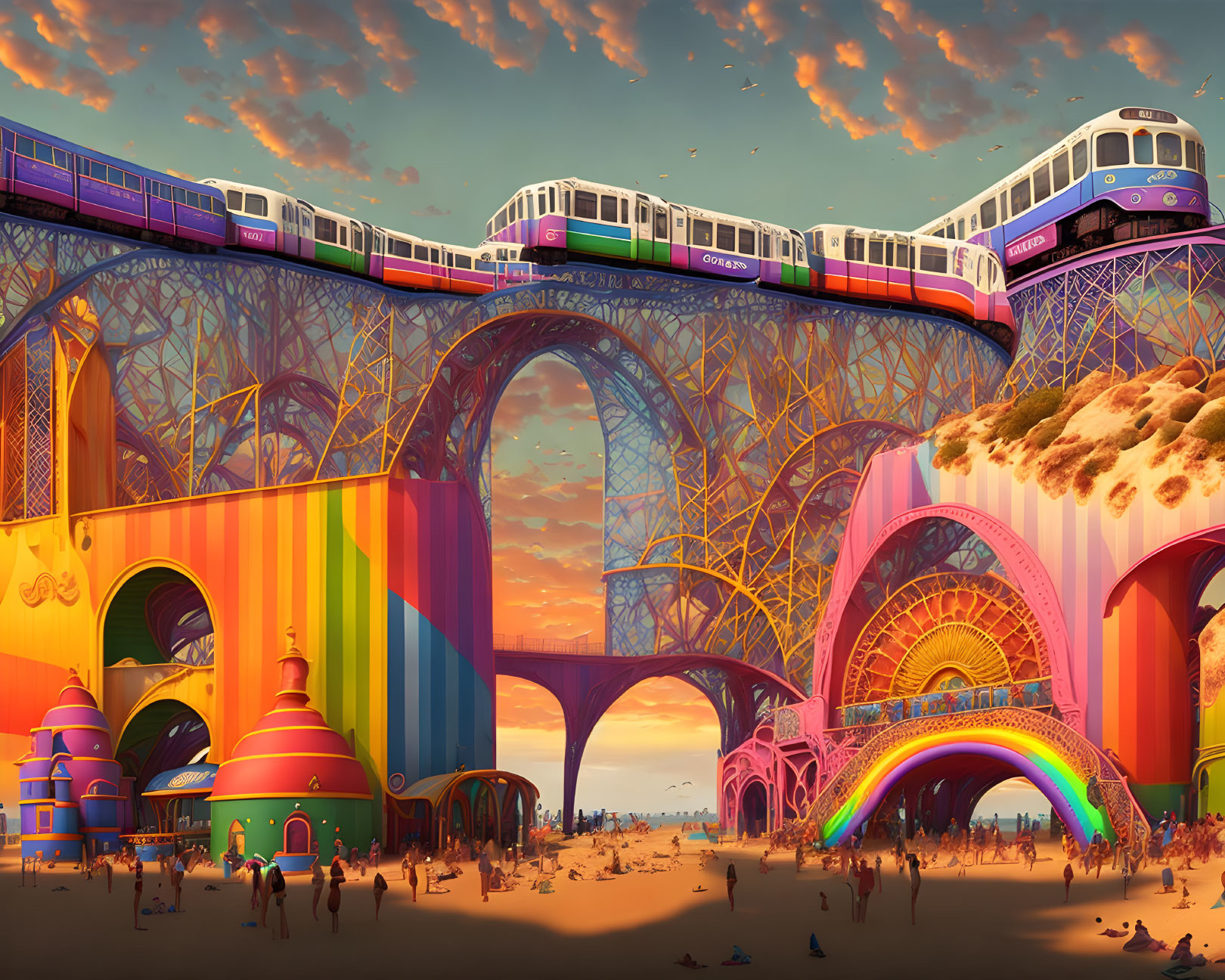 Colorful futuristic cityscape with Eiffel Tower-like structure and monorail trains at sunset.