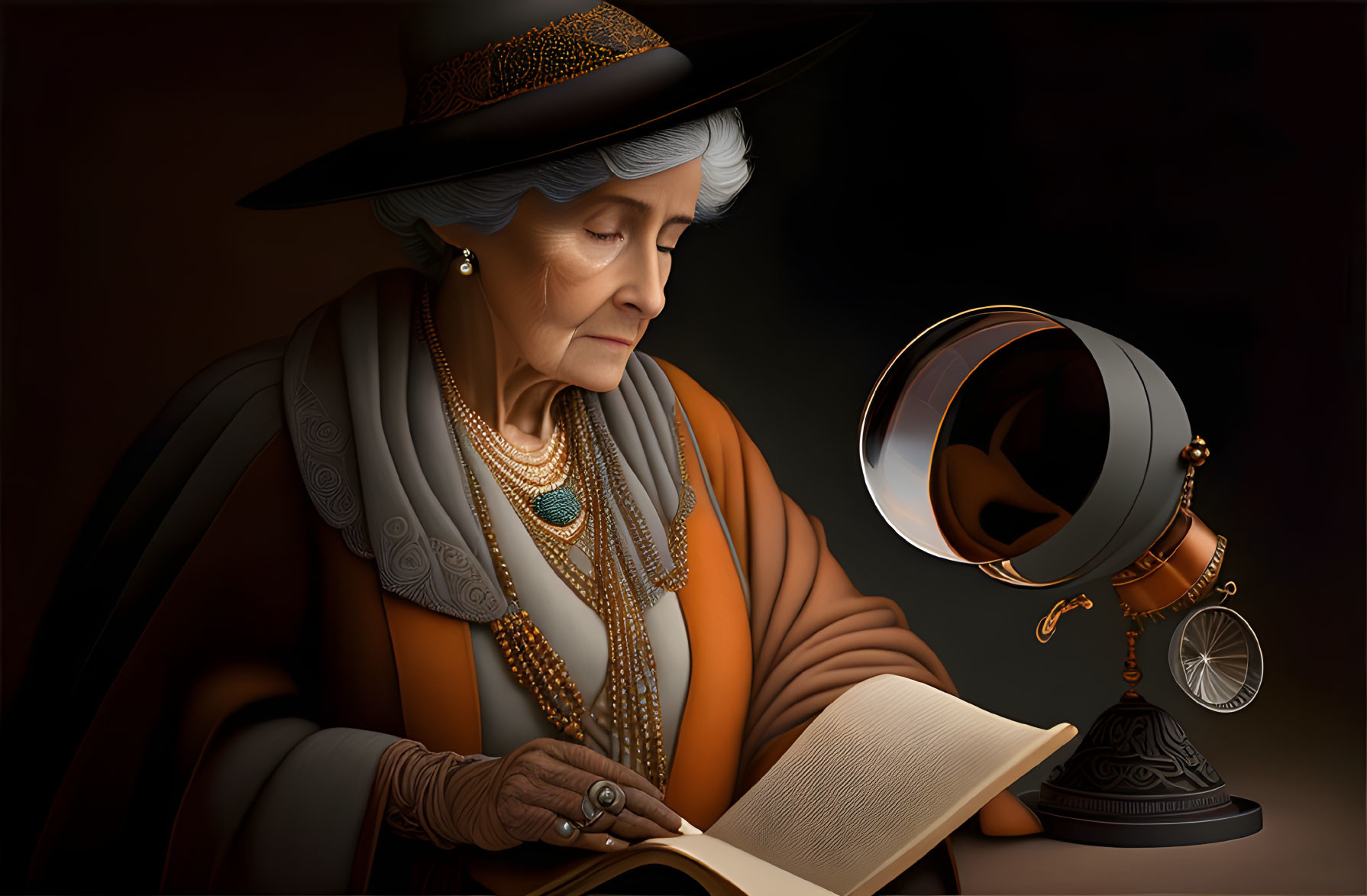 Elderly lady in hat and pearls reading beside brass desk lamp