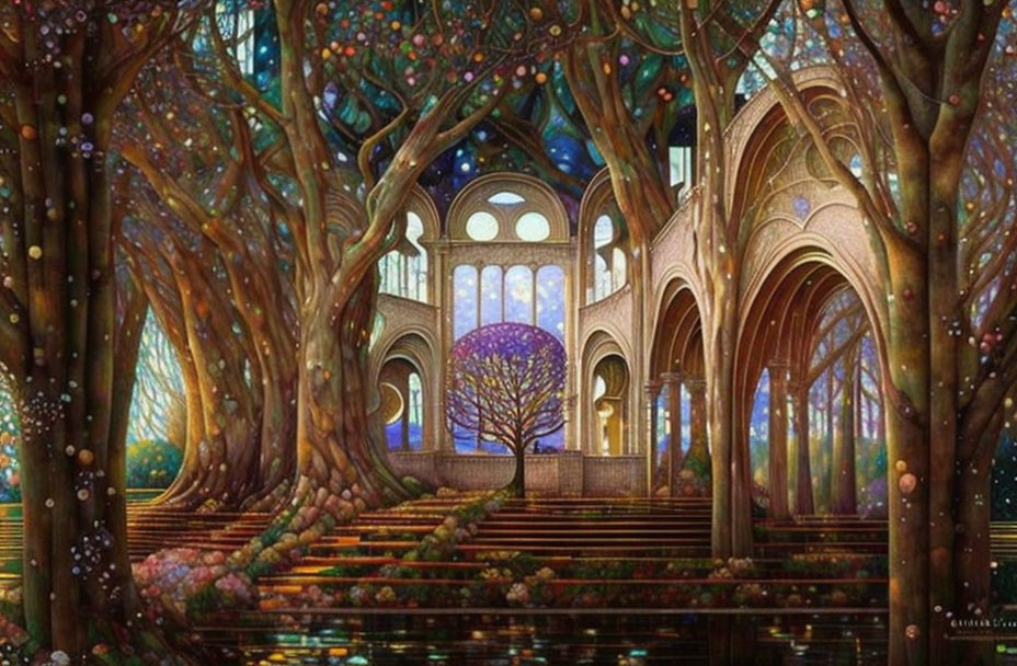 Luminescent forest intertwines with gothic-style architecture