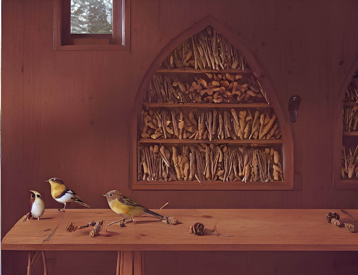Rustic wooden interior with gothic window, firewood, birds, and pinecones