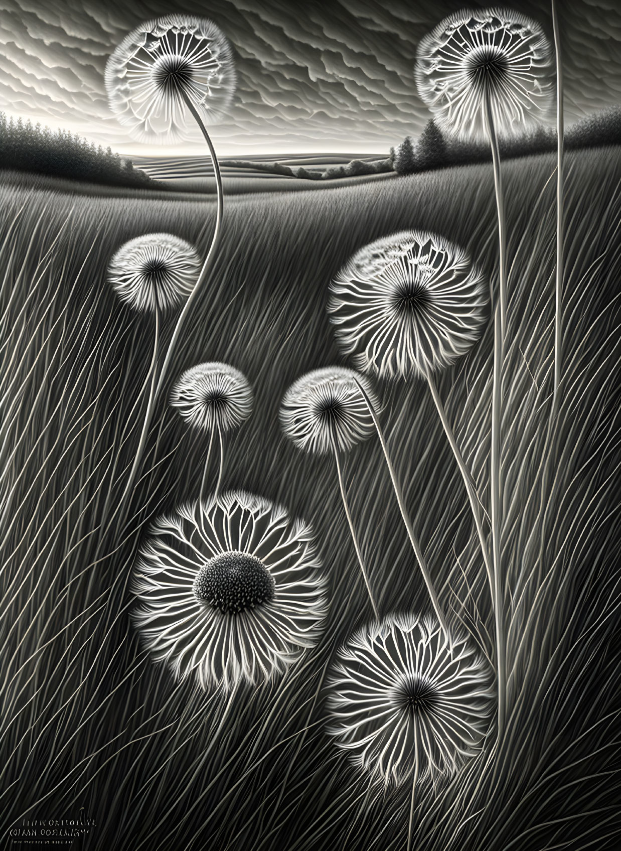Monochromatic artwork of intricate dandelion-like plants in wavy fields.
