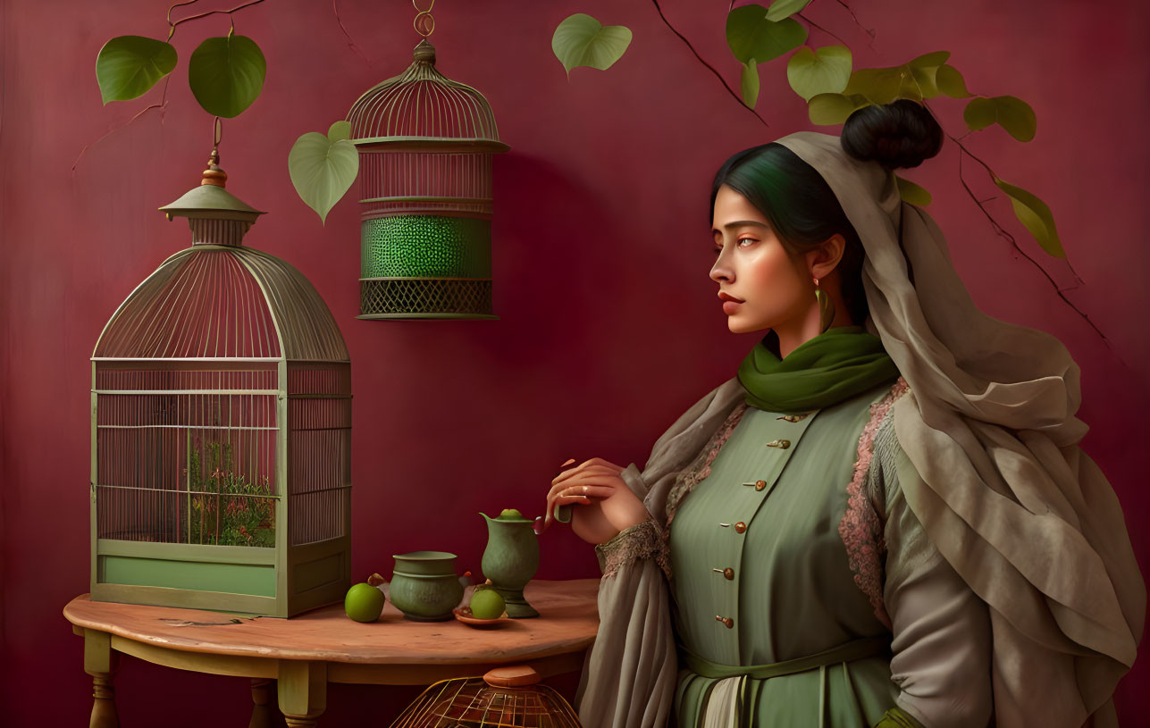 Serene woman in green outfit with birdcage and pottery on table against red backdrop