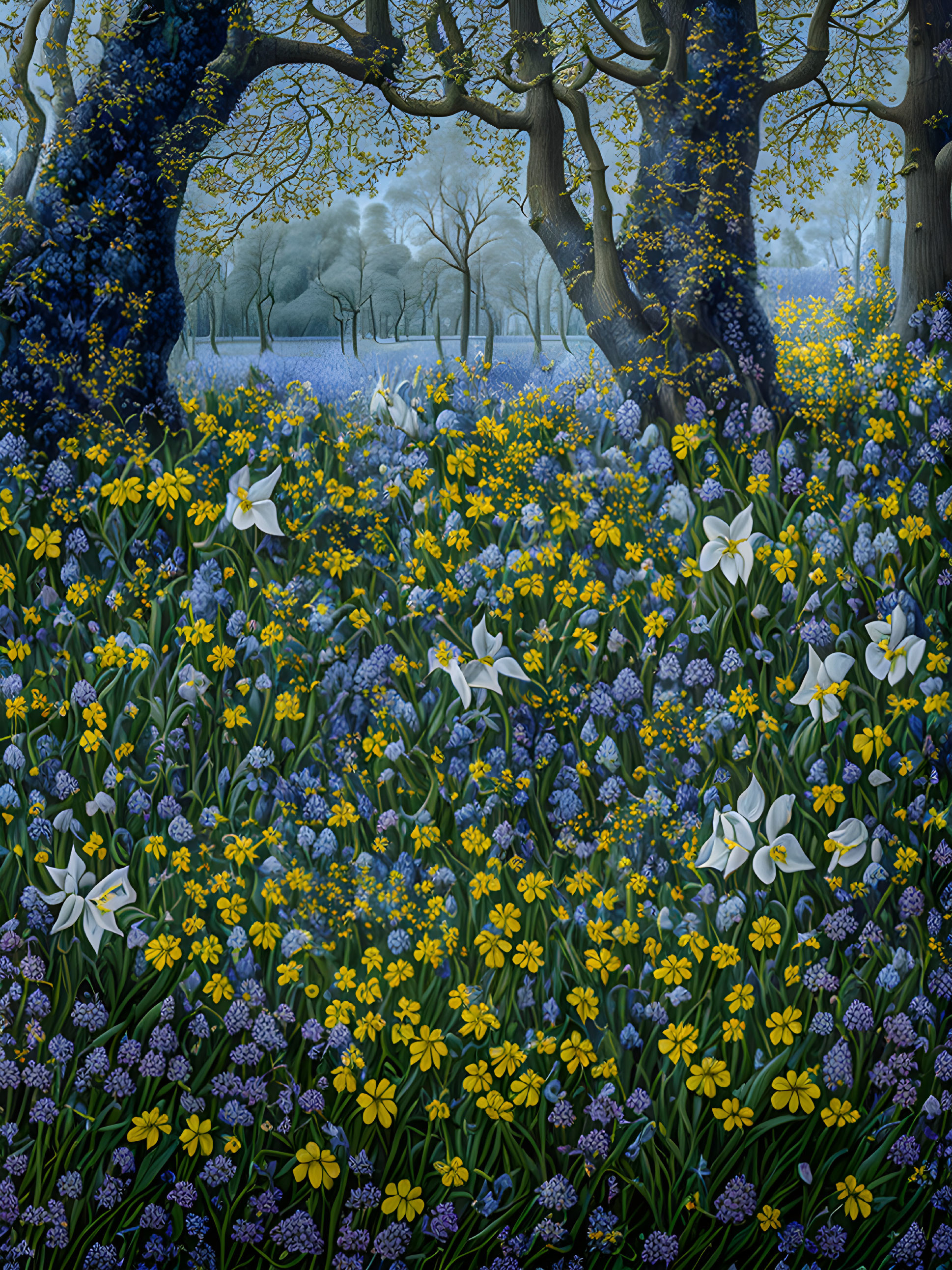 Wildflower Carpet Surrounded by Dark Trees and Misty Background