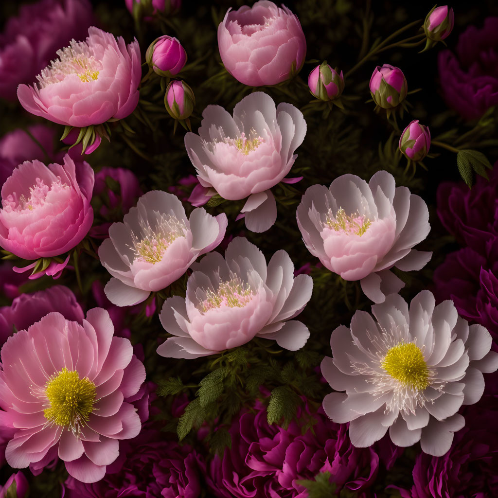 Pink peonies in various stages of bloom with lush green foliage
